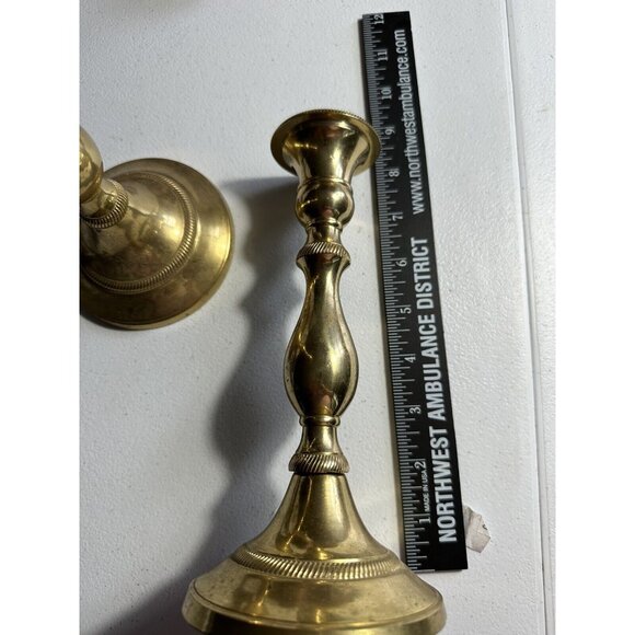 Brass Candle Stick Holders Set Heavy 8 “ Tall Round Base - Picture 3 of 11